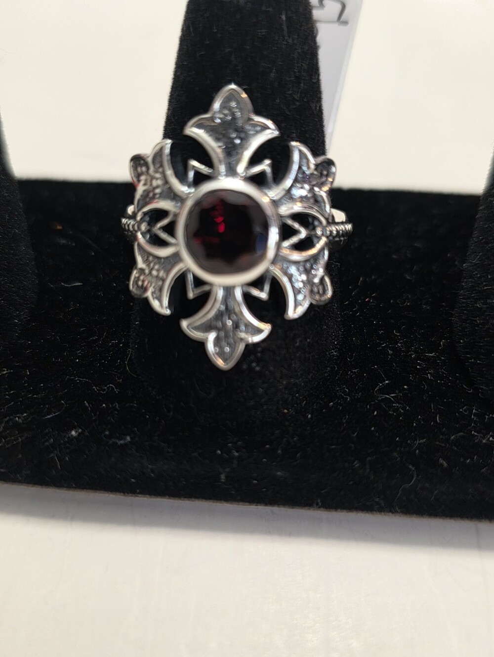 Sterling Silver Garnet-Red Floral Cross Ring - Women Jewelry
